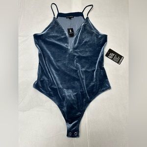 Express Velvet V-Neck Bodysuit in Deep Blue
